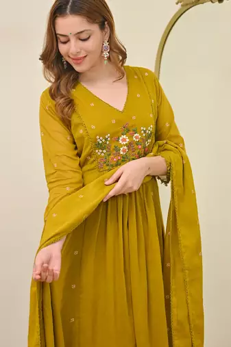 mustard chanderi embroidered ethnic suit set with chanderi dupatta