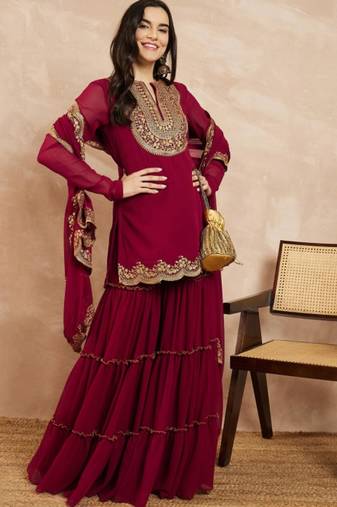 Designer wine embroidered georgette kurta sharara dupatta set for women