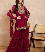 Designer wine embroidered georgette kurta sharara dupatta set for women
