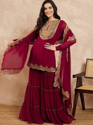 wine embroidered georgette kurta sharara dupatta set 2