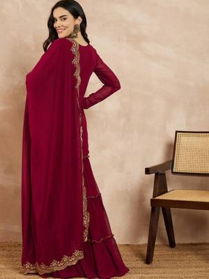 wine embroidered georgette kurta sharara dupatta set 4