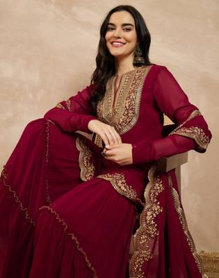 wine embroidered georgette kurta sharara dupatta set 5