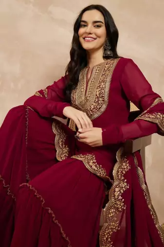 wine embroidered georgette kurta sharara dupatta set