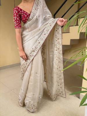 women's shimmer silk blend motiff embroidered saree with blouse piece 2