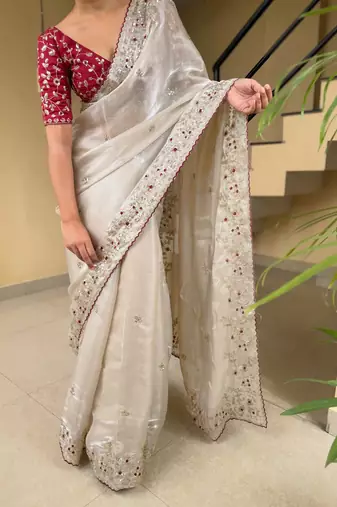 women's shimmer silk blend motiff embroidered saree with blouse piece