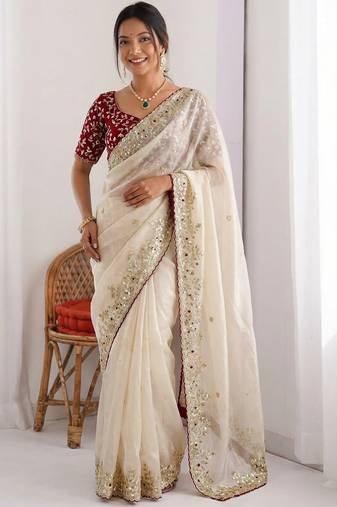 women's shimmer silk blend motiff embroidered saree with blouse piece