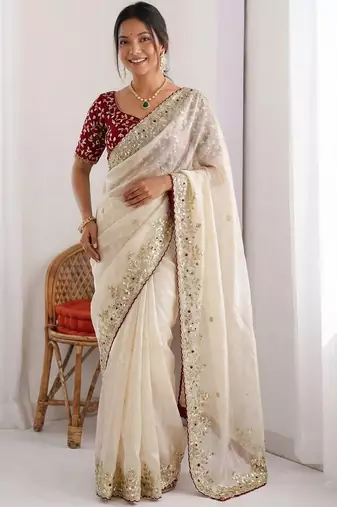 women's shimmer silk blend motiff embroidered saree with blouse piece