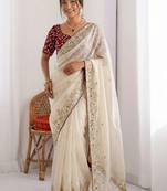 women's shimmer silk blend motiff embroidered saree with blouse piece
