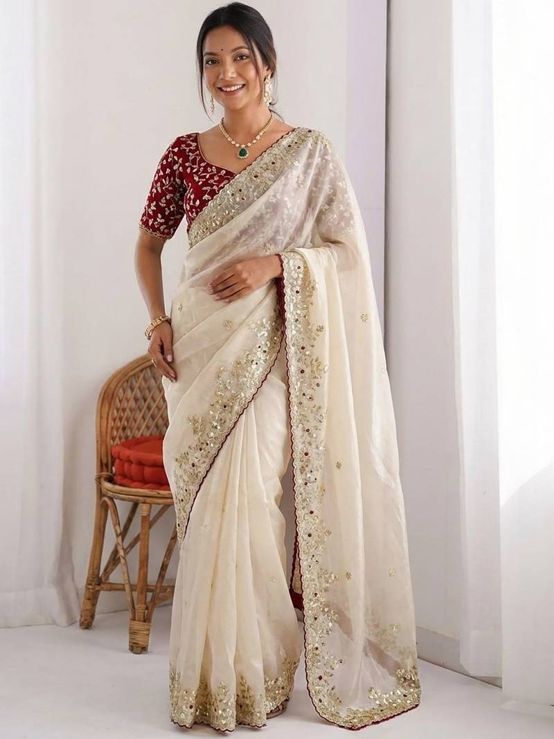 women's shimmer silk blend motiff embroidered saree with blouse piece