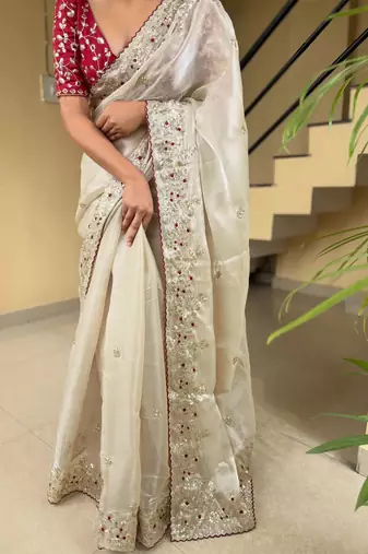 women's shimmer silk blend motiff embroidered saree with blouse piece