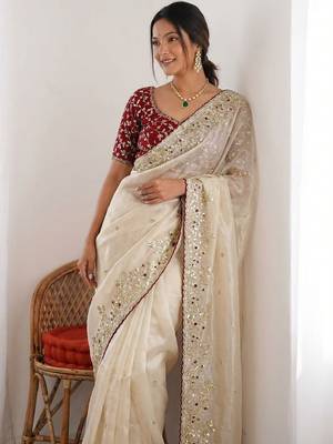 women's shimmer silk blend motiff embroidered saree with blouse piece 2