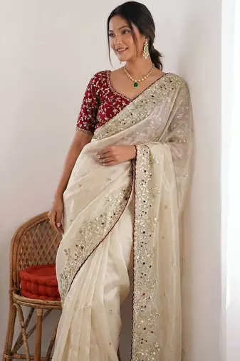 women's shimmer silk blend motiff embroidered saree with blouse piece