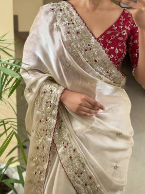 women's shimmer silk blend motiff embroidered saree with blouse piece 4