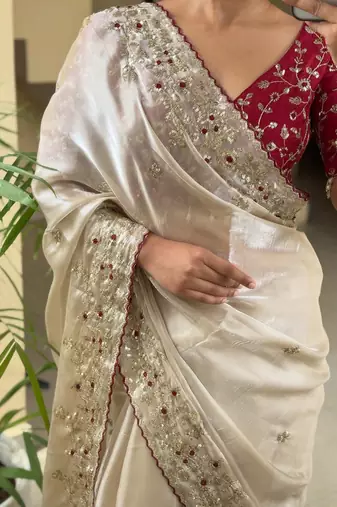 women's shimmer silk blend motiff embroidered saree with blouse piece