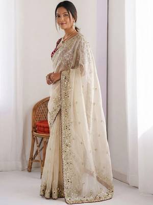 women's shimmer silk blend motiff embroidered saree with blouse piece 3