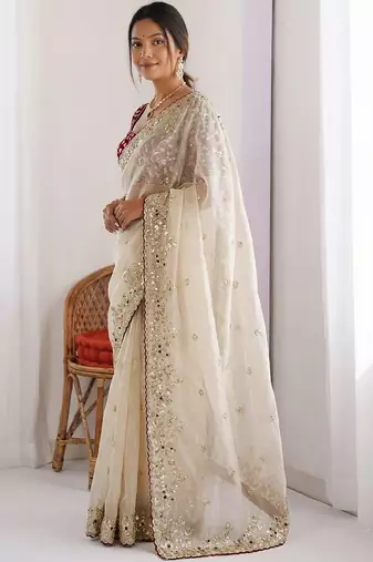 women's shimmer silk blend motiff embroidered saree with blouse piece