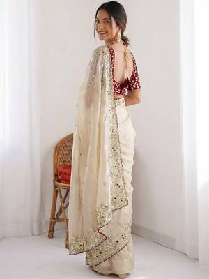 women's shimmer silk blend motiff embroidered saree with blouse piece 4