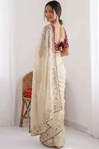 women's shimmer silk blend motiff embroidered saree with blouse piece