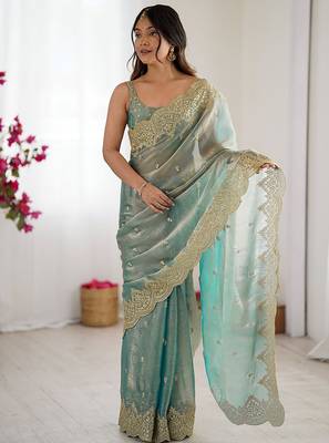 Women's shimmer chiffon sequins embroidered saree with blouse piece 1