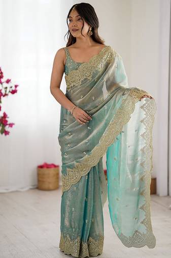 Women's shimmer chiffon sequins embroidered saree with blouse piece