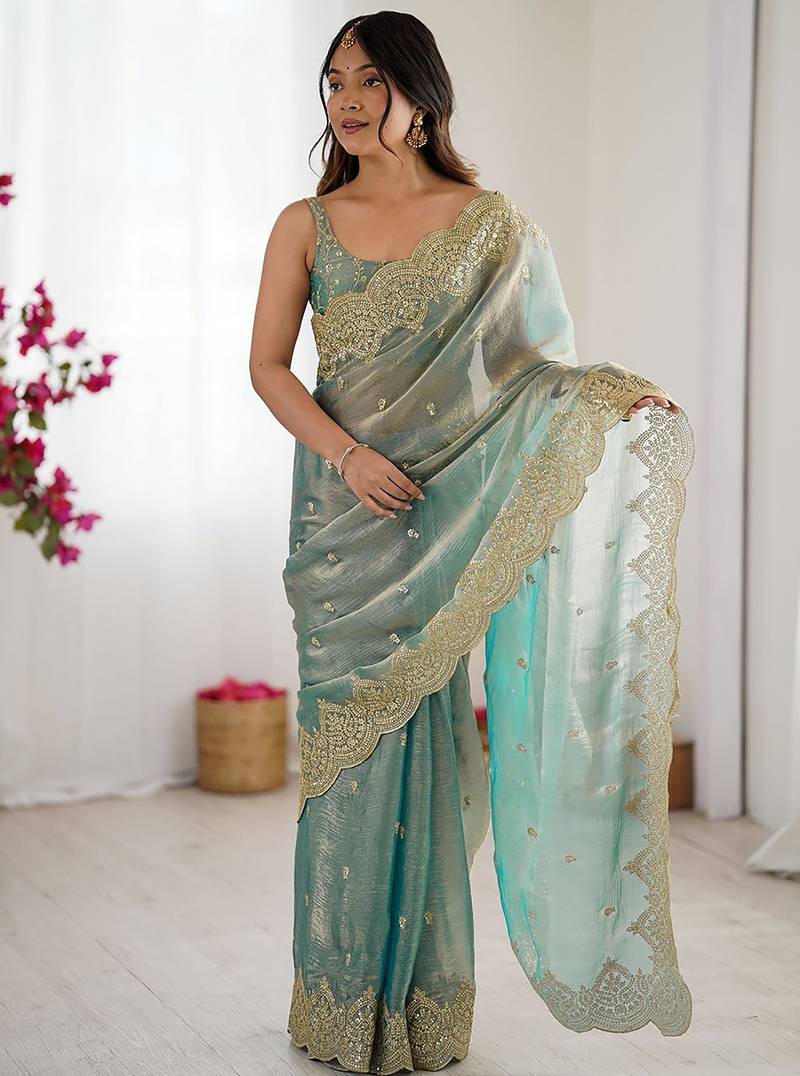 Women's shimmer chiffon sequins embroidered saree with blouse piece