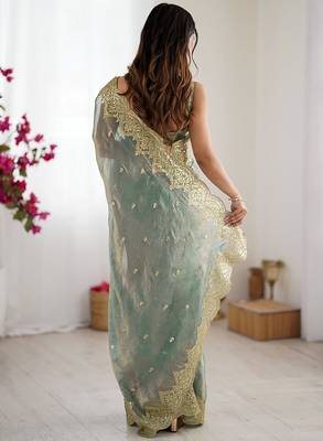 Women's shimmer chiffon sequins embroidered saree with blouse piece 2
