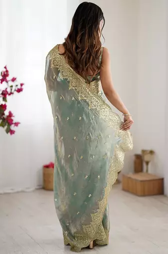 Women's shimmer chiffon sequins embroidered saree with blouse piece