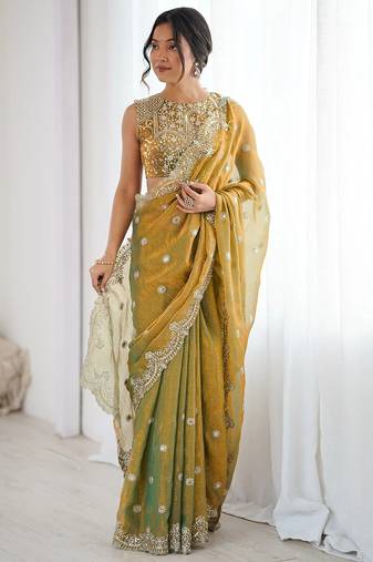 Women's shimmer chiffon sequins embroidered saree with blouse piece