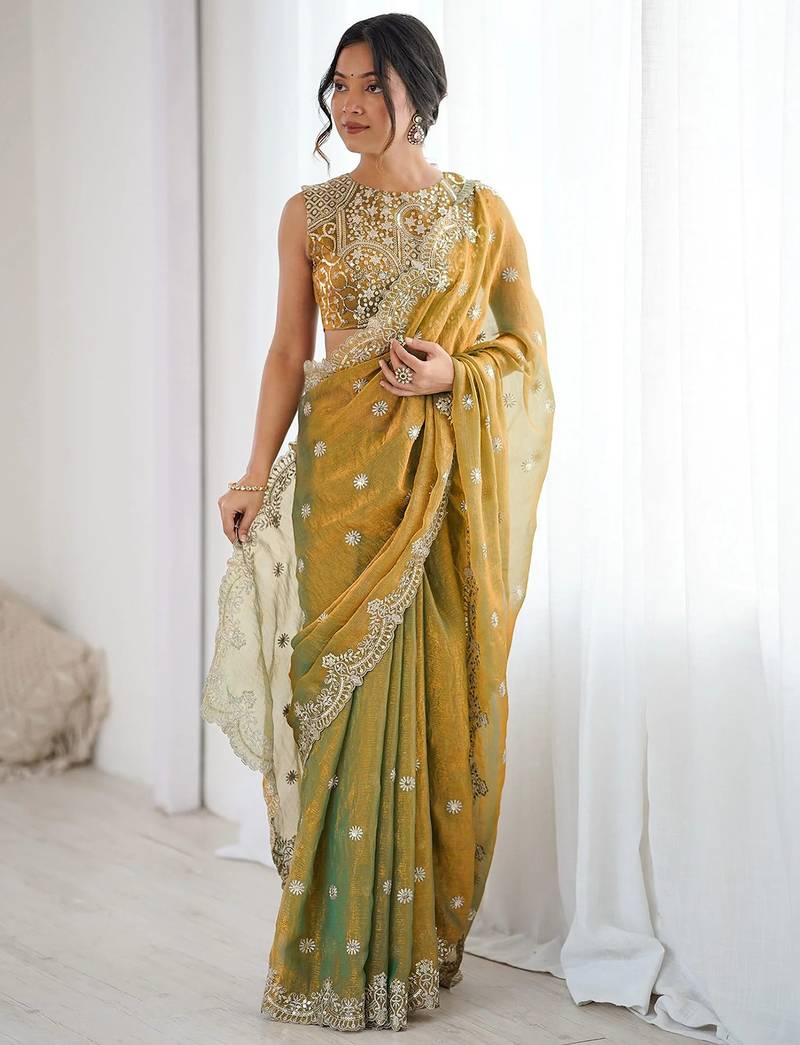 Women's shimmer chiffon sequins embroidered saree with blouse piece