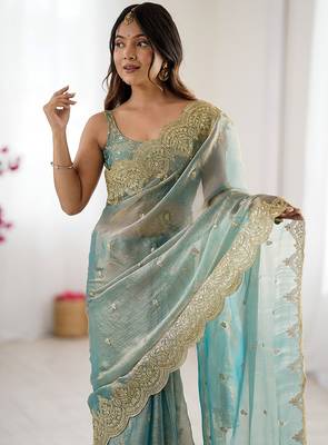 Women's shimmer chiffon sequins embroidered saree with blouse piece 3
