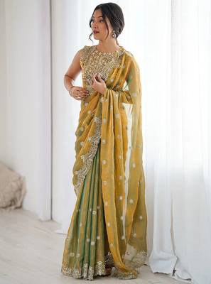 Women's shimmer chiffon sequins embroidered saree with blouse piece 2