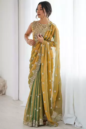 Women's shimmer chiffon sequins embroidered saree with blouse piece