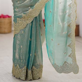 Women's shimmer chiffon sequins embroidered saree with blouse piece 4