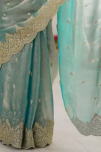 Women's shimmer chiffon sequins embroidered saree with blouse piece
