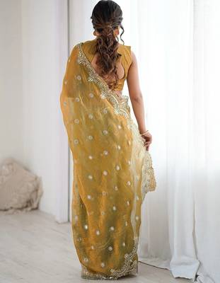 Women's shimmer chiffon sequins embroidered saree with blouse piece 3