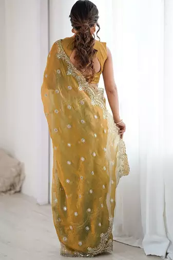 Women's shimmer chiffon sequins embroidered saree with blouse piece