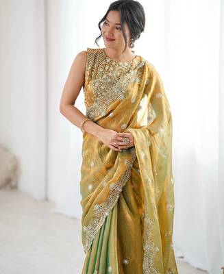 Women's shimmer chiffon sequins embroidered saree with blouse piece 4