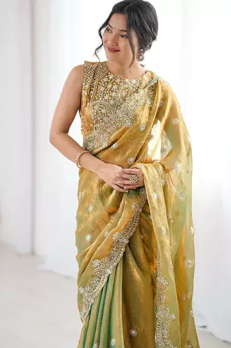 Women's shimmer chiffon sequins embroidered saree with blouse piece