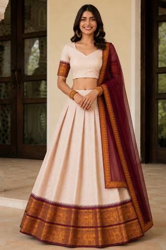 Beige Cotton Embroidered Lehenga Choli