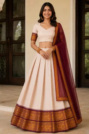 Beige Cotton Embroidered Lehenga Choli