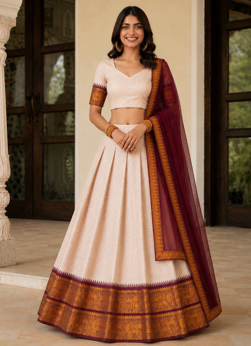Beige Cotton Embroidered Lehenga Choli