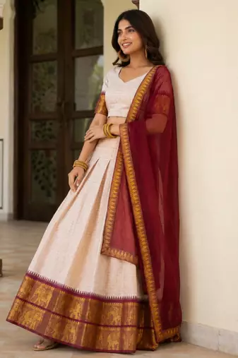 Beige Cotton Embroidered Lehenga Choli