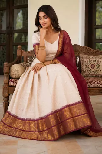 Beige Cotton Embroidered Lehenga Choli