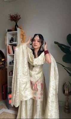 cream embroidered chinnon ethnic sharara suit set 1