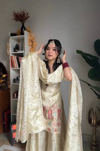 Designer cream embroidered chinnon ethnic sharara suit set for women