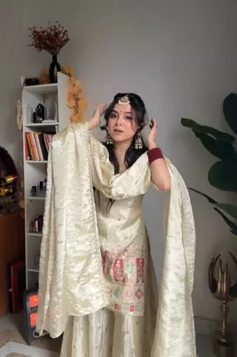 Designer cream embroidered chinnon ethnic sharara suit set for women