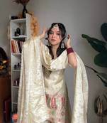 Designer cream embroidered chinnon ethnic sharara suit set for women