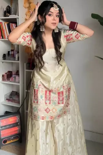 cream embroidered chinnon ethnic sharara suit set