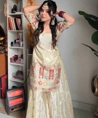 cream embroidered chinnon ethnic sharara suit set 3
