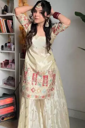 cream embroidered chinnon ethnic sharara suit set